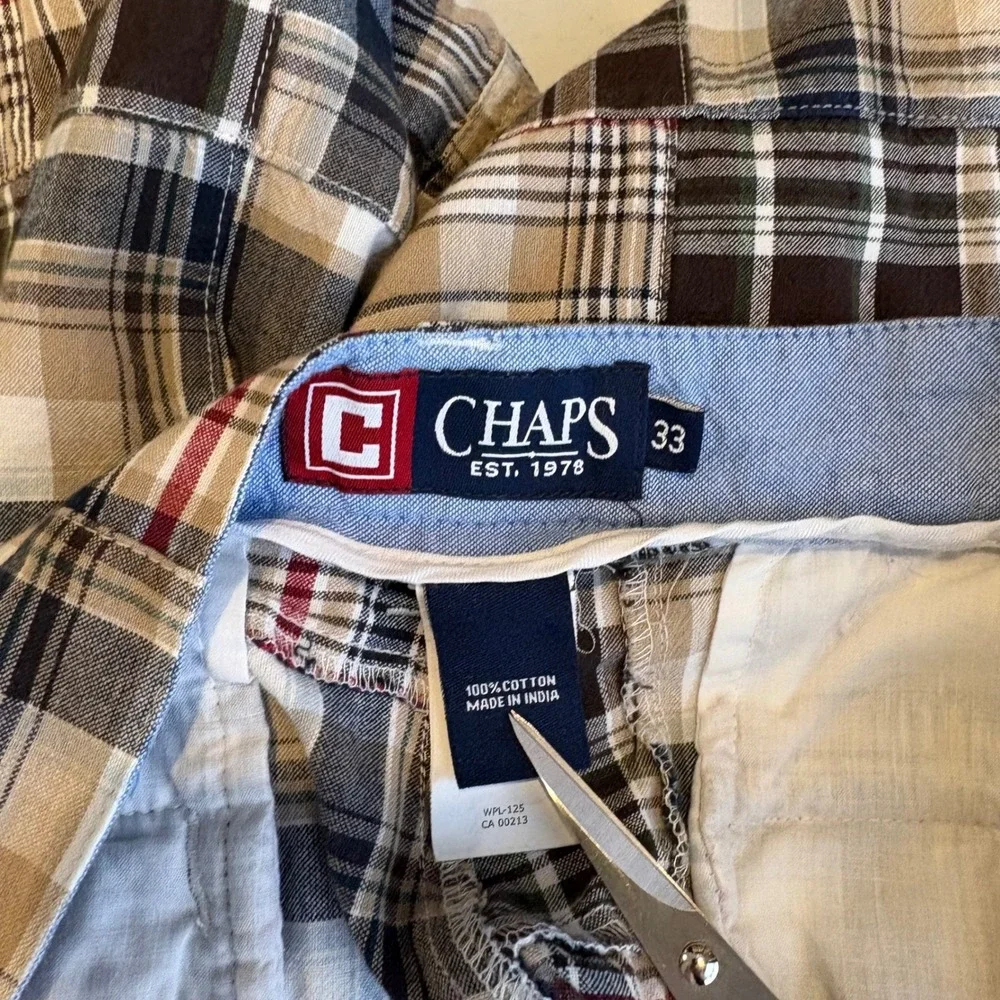 Chaps Mens Patchwork Plaid Shorts Brown Navy Blue Cotton Flat Front Size 33
